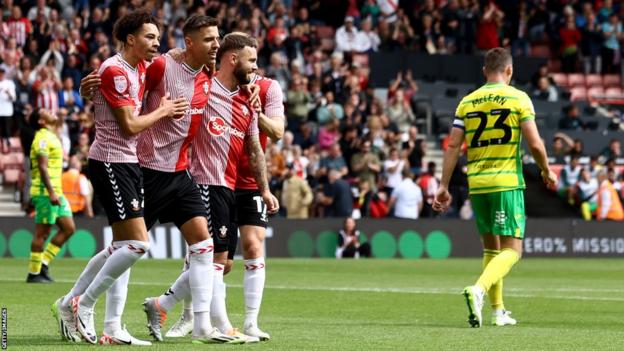 Southampton players celebrate their last minute equaliser to earn a point versus Norwich in the Championship.
