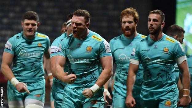 Exeter celebrate Sam Simmonds' try against Montpellier