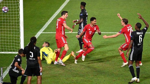 Serge Gnabry scores for Bayern Munich against Lyon