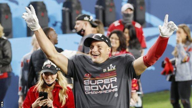 Rob Gronkowski celebrates winning Super Bowl 55