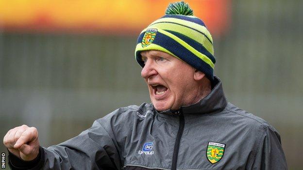 Declan Bonner shouts instructions to his Donegal players