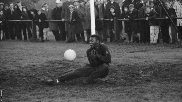 Pele keeps goal during a Brazil training session at the 1966 World Cup