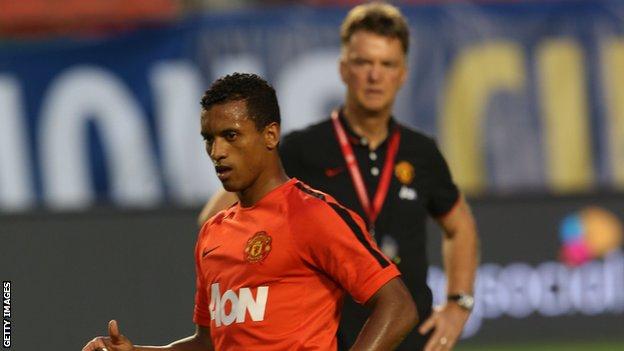 Nani (left) and Manchester United manager Louis Van Gaal