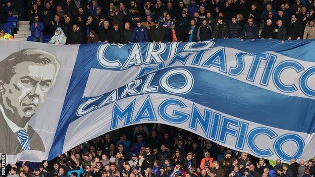 Everton fans display a Carlo Ancelotti banner