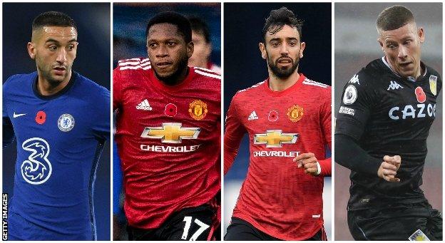 Hakim Ziyech (Chelsea), Fred (Manchester United), Bruno Fernandes (Manchester United), Ross Barkley (Aston Villa)