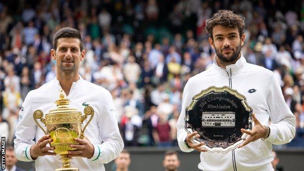 Novak Djokovic and Matteo Berrettini with their trophies after the 2021 Wimbledon final