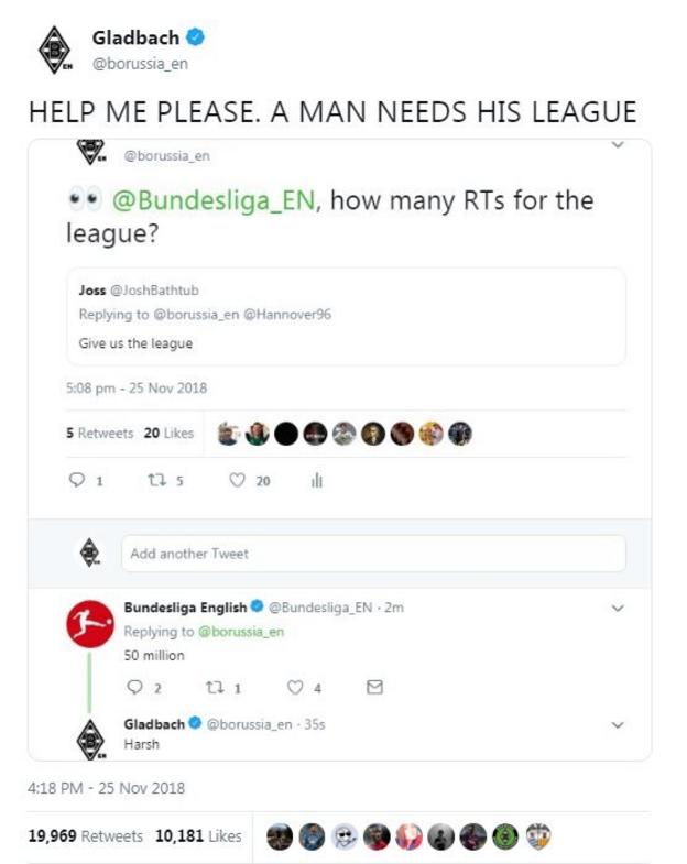 Borussia Monchengladbach tried to win the league with retweets but the league responded by saying they needed 50 million