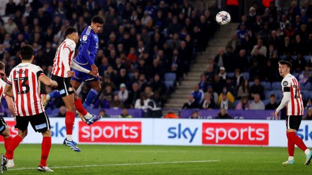 James Justin rises highest in the box to score for Leicester City with a header against Sunderland
