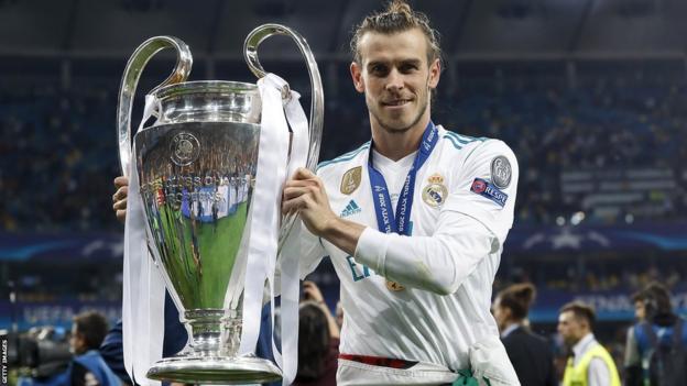 Gareth Bale celebrates winning the Champions League with Real Madrid against Liverpool in 2018