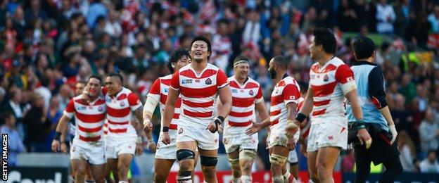 Finn Russell watched as Japan shocked pool favourites South Africa