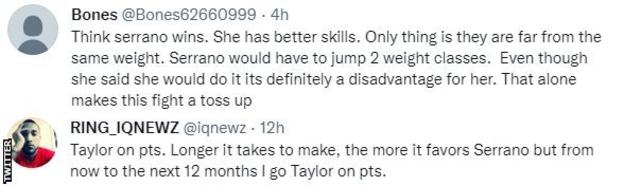 Fans on Twitter discuss Katie Taylor v Amanda Serrano. One fan says 