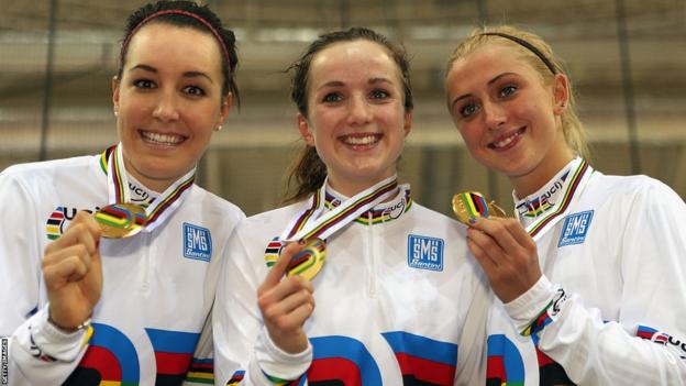 Dani King; Elinor Barker and Laura Trott of Great Britain with gold medals at track World Championships in 2013 in Minsk, Belarus.