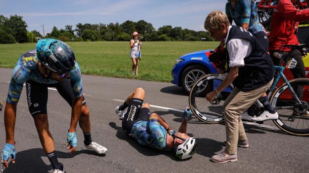 Mark Cavendish on the floor during stage eight of the Tour de France