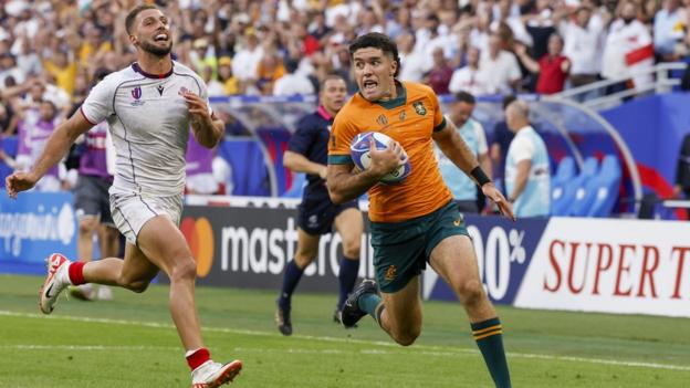 Australia's Ben Donaldson scores a try during the Rugby World Cup France 2023 match against Georgia