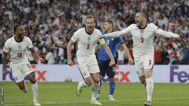Luke Shaw celebrating his goal against Italy in the Euro 2020 final