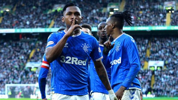 Morelos does a "shush" gesture during the Old Firm derby