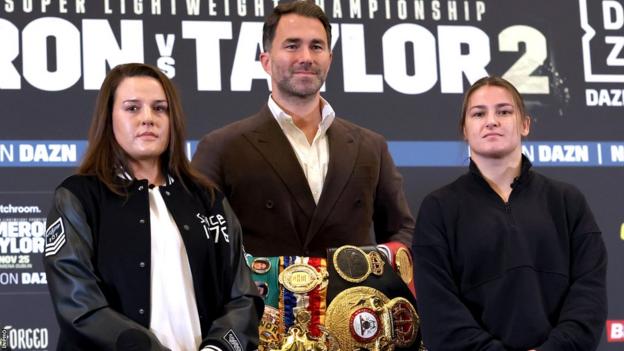 Chantelle Cameron and Katie Taylor pose with Eddie Hearn