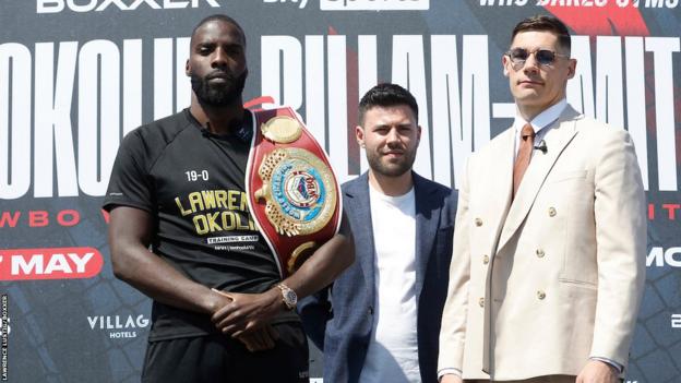 Champion Lawrence Okolie, promoter Ben Shalom and challenger Chris Billam-Smith pose at a press conference on Thursday