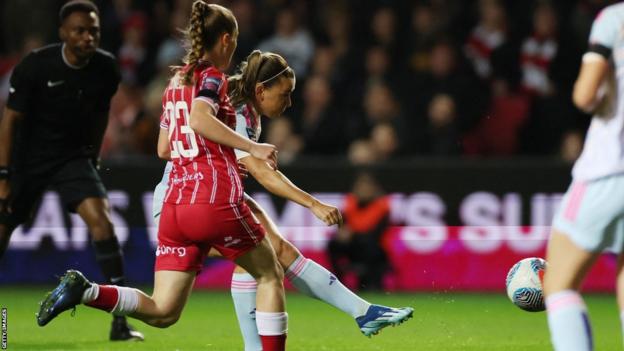 Katie McCabe scores a goal for Arsenal in their 2-1 win against Bristol City in WSL football