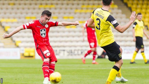 Stephen Mallan scores for St Mirren against Livingston