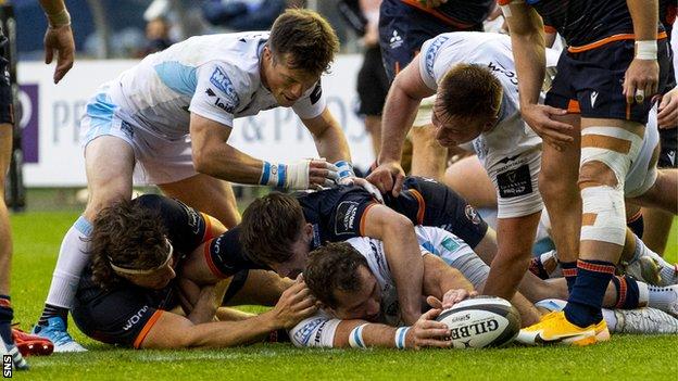 Fraser Brown scores a try for Glasgow