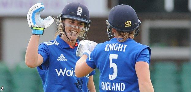 Natalie Sciver congratulates Heather Knight on her 10th ODI fifty
