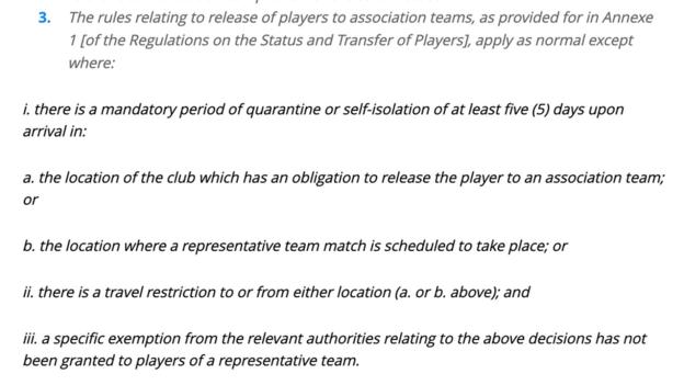 The Fifa amendments on the release players during Covid-19