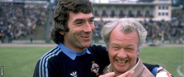 Goalkeeper Pat Jennings and Billy Bingham celebrate a crucial 1-0 win over Romania in Bucharest which helped Northern Ireland reach the 1986 World Cup finals