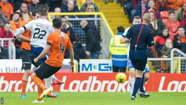 Kevin McHattie scores for Kilmarnock against Dundee United