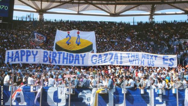Lazio fans hold up a banner wishing Gascoigne a happy birthday