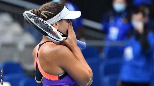 An emotional Bianca Andreescu after winning her first round match