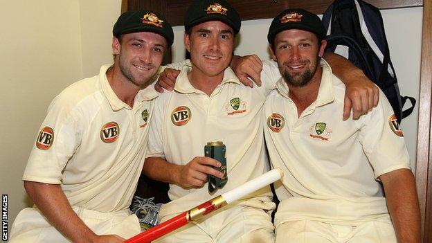 Phillip Hughes (left) with his Australia team-mates Marcus North and Ben Hilfenhaus