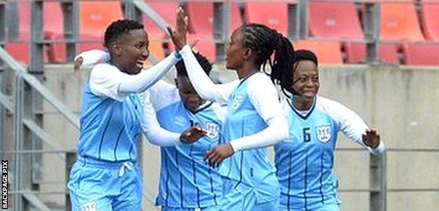 Botswana celebrate a goal by Refilwe Tholakele