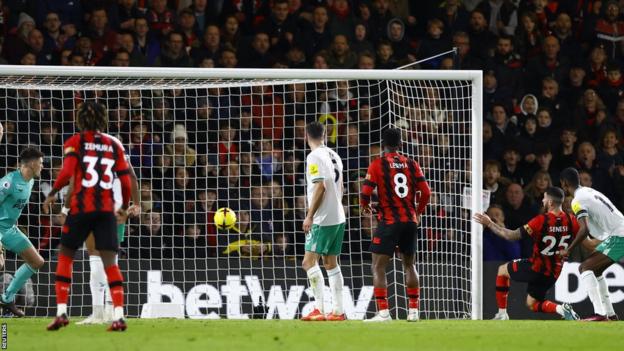 AFC Bournemouth's Marcos Senesi scores their first goal v Newcastle