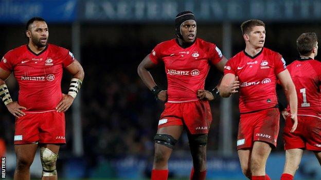 Billy Vunipola, Maro Itoje and Owen Farrell playing for Saracens