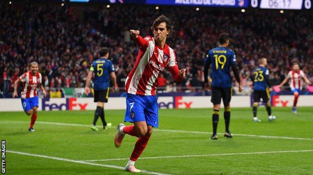 Joao Felix celebrates after putting Atletico Madrid ahead in the first leg of their Champions League last-16 tie against Manchester United. The Spanish side won 2-1 on aggregate