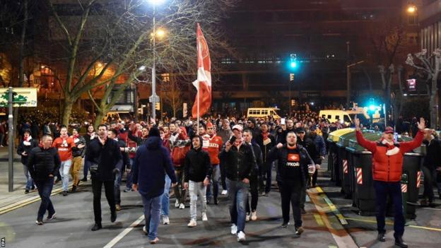 Spartak Moscow supporters arrive at the football stadium in Bilbao, Spain, for their team's match against Athletic Bilbao, 22 February 2018