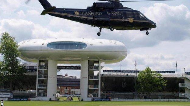 Allen Stanford's helicopter lands at Lord's