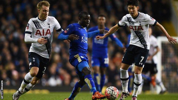 N'Golo Kante is tackled by Christian Eriksen and Son Heung-min