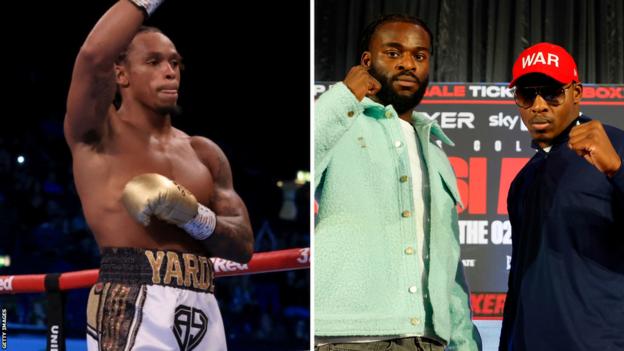 Split image of Anthony Yarde in the ring and Joshua Buatsi and Dan Azeez posing for pictures at a news conference