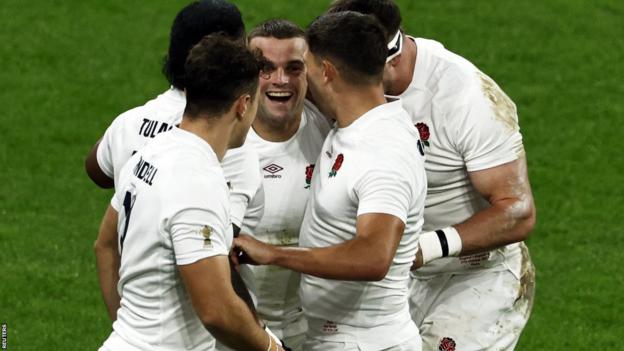 Ben Earl celebrates a try for England