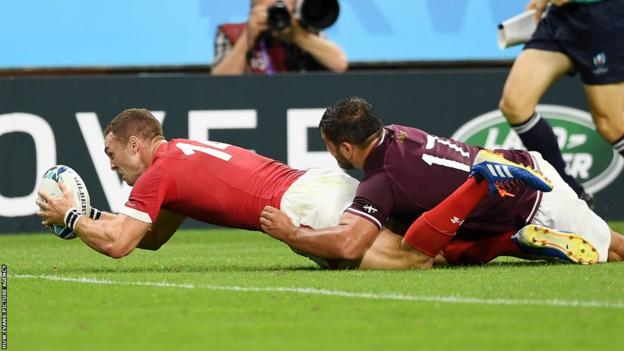 George North scores a World Cup try against Georgie in Wales' opening match of the 2019 World Cup in Japan