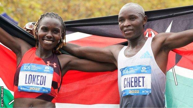 Evans Chebet and Sharon Lokedi of Kenya celebrate their New York City Marathon victories