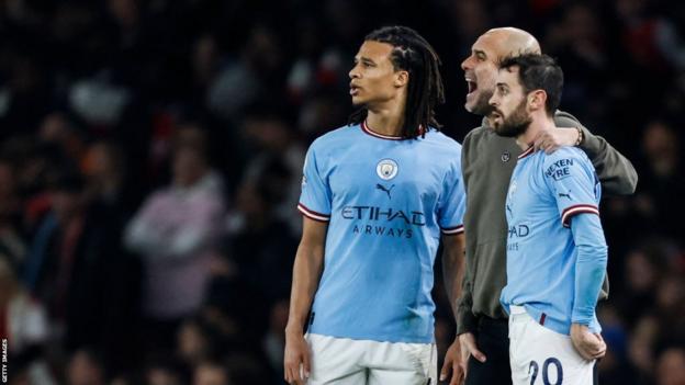 Nathan Ake, Pep Guardiola and Bernardo Silva