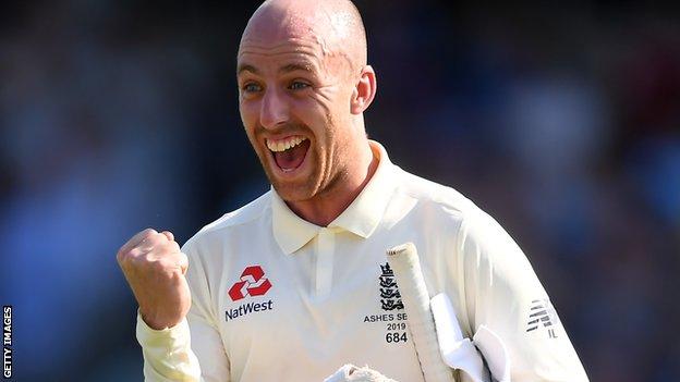 Jack Leach celebrates England's victory over Australia in the 2019 Ashes Test at Headingley