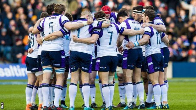 Scotland's players gather in a huddle before their recent Six Nations game against France