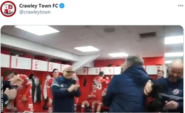 Crawley players celebrate after beating Leeds
