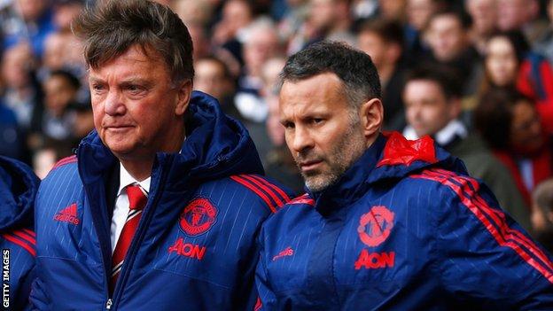 Louis van Gaal and Ryan Giggs both look concerned as they watch Manchester United in action.