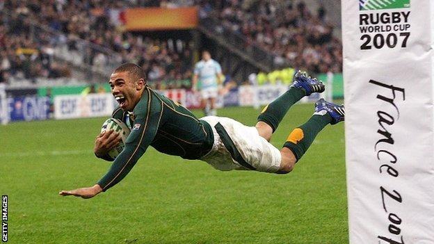 Bryan Habana of South Africa scores his second try during the Rugby World Cup Semi Final