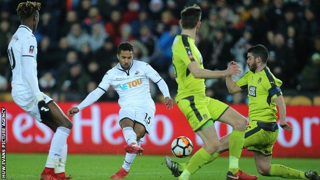 Routledge scoring Swansea's sixth goal of the night